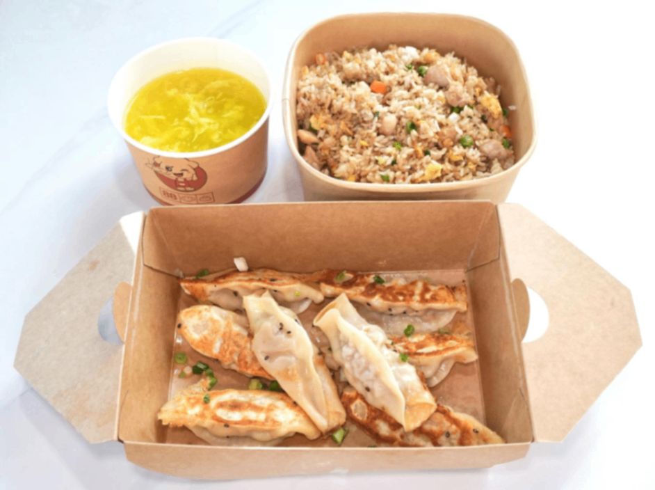 8 Chicken Potstickers + Fried Rice (Fried Noodles)+ Egg Drop Soup (Hot And Sour Soup)