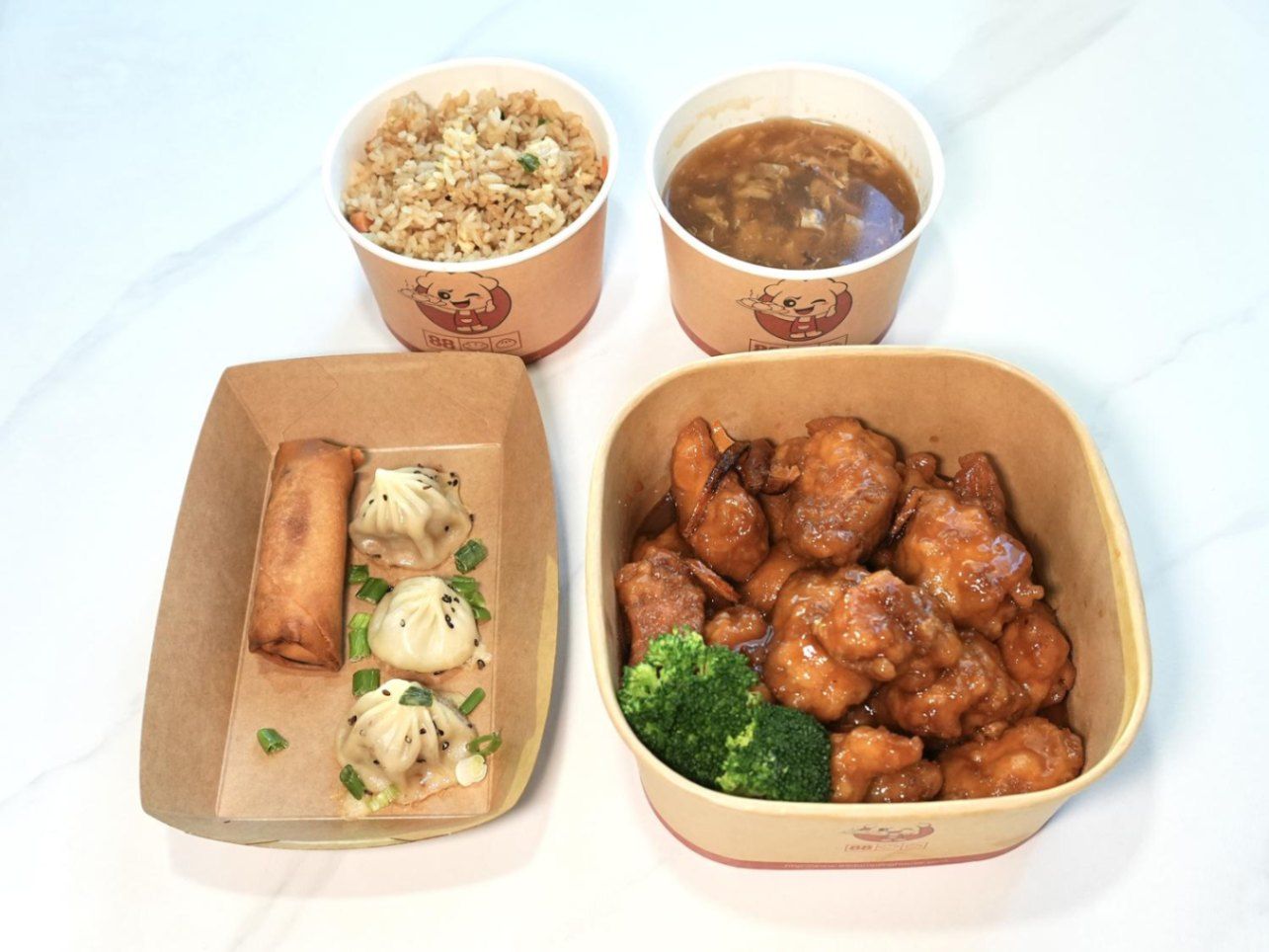 Orange Chicken + Thumb Size Pan Fried Bun (3 Pcs) + Hot & Sour Soup (Egg Drop Soup) + White Rice (Fr