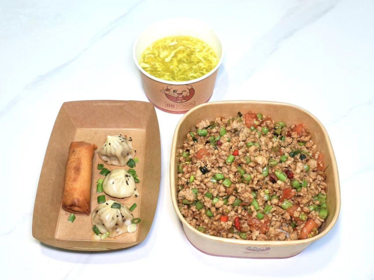 Thai Basil Pork Rice + Thumb Size Pan Fried Bun (3 Pcs) + Hot & Sour Soup (Egg Drop Soup) + Vegetabl