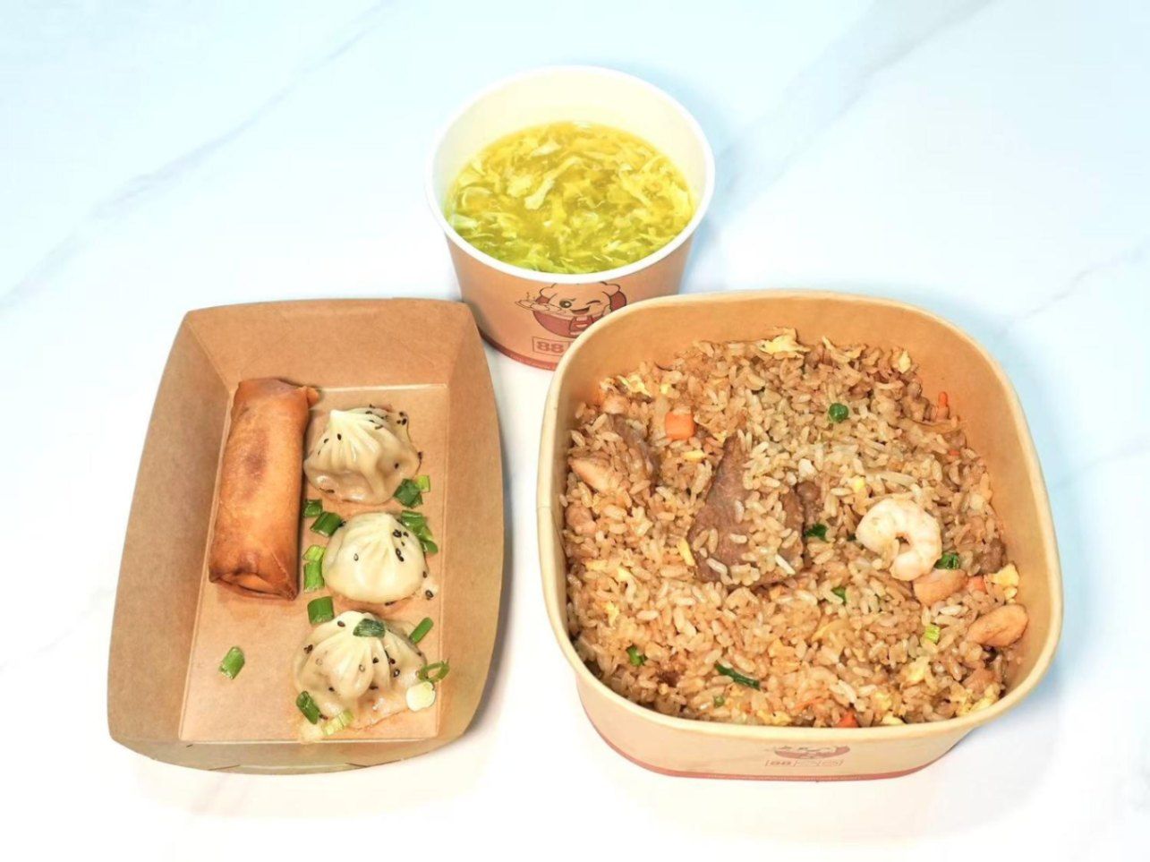 Mixed Fried Rice(Chicken+Beef+Shrimp) + Pan-Fried Thumb (3 Pieces) + Hot And Sour Soup (Egg Drop Sou