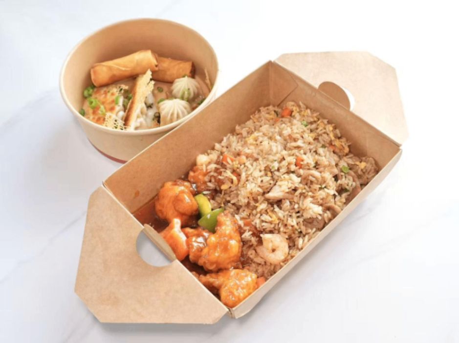 Single Combo Small General Tsos Chicken 2 Thumb-Size Pork Bun 1 Spring Roll 2 Chicken Potstickers