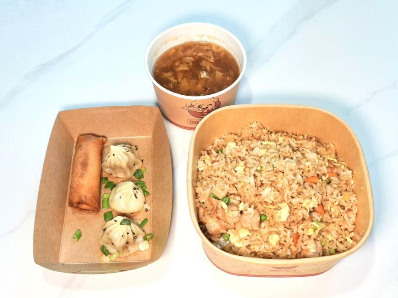 Chicken Fried Rice + Thumb Size Pan Fried Bun (3 Pcs) + Hot & Sour Soup (Egg Drop Soup) + Vegetable 