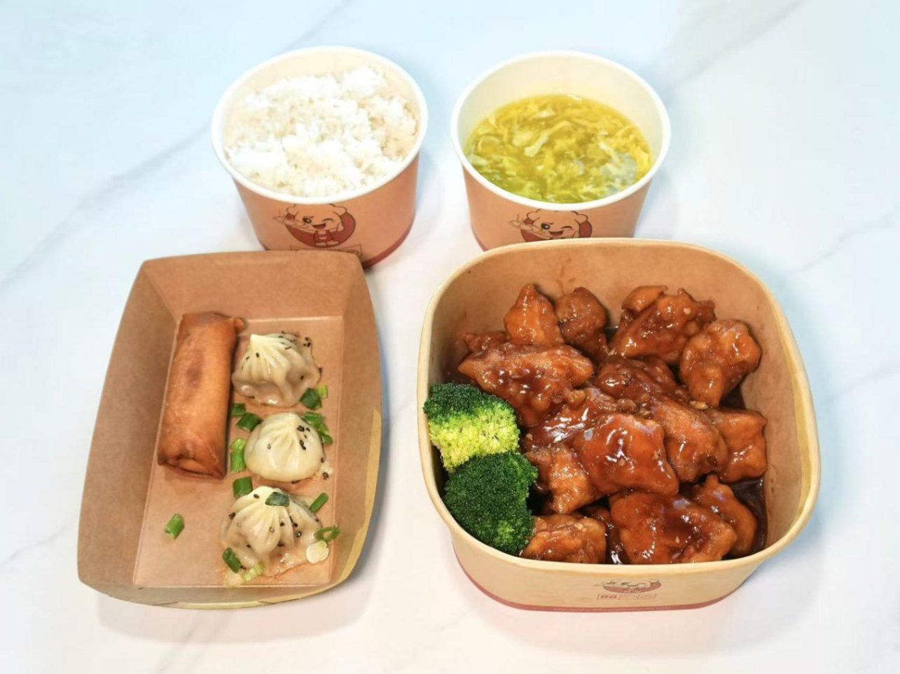 General Tsos Chicken+ Thumb Size Pan Fried Bun (3 Pcs) + Hot & Sour Soup (Egg Drop Soup) + White Ric
