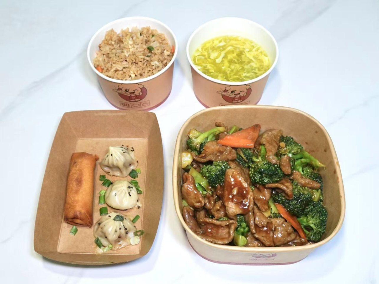Beef With Broccoli + Thumb Size Pan Fried Bun (3 Pcs) + Hot & Sour Soup (Egg Drop Soup) + White Rice