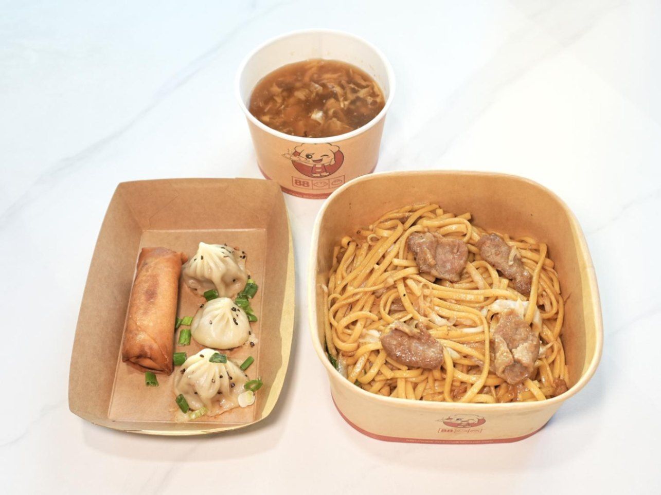 Beef Fried Noodles + Thumb Size Pan Fried Bun (3 Pcs) + Hot & Sour Soup (Egg Drop Soup) + Vegetable 