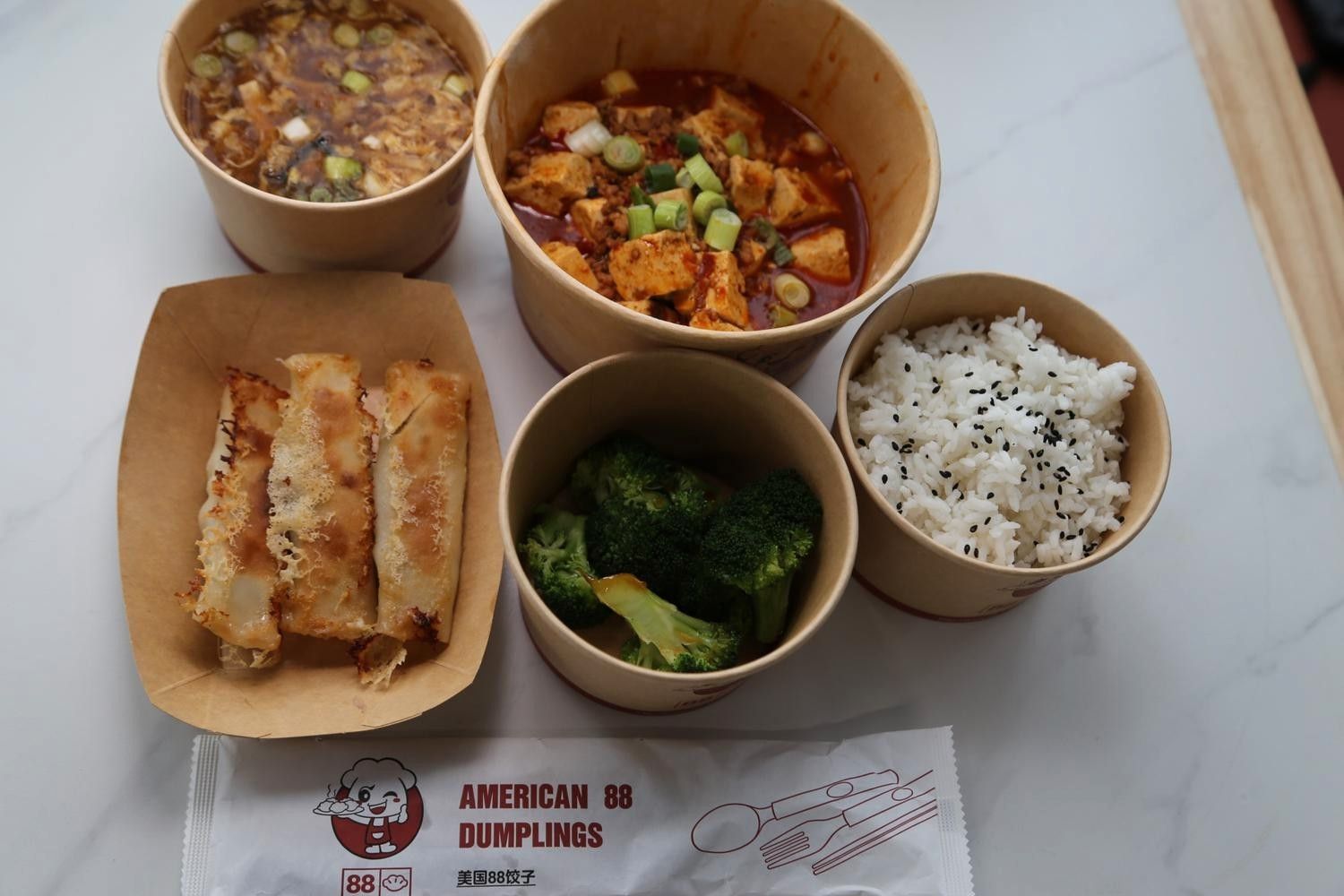 Mapo Tofu 🌶️🌶️ + Pan Fried Chicken Dumplings 5Pcs + Broccoli + Hot & Sour Soup