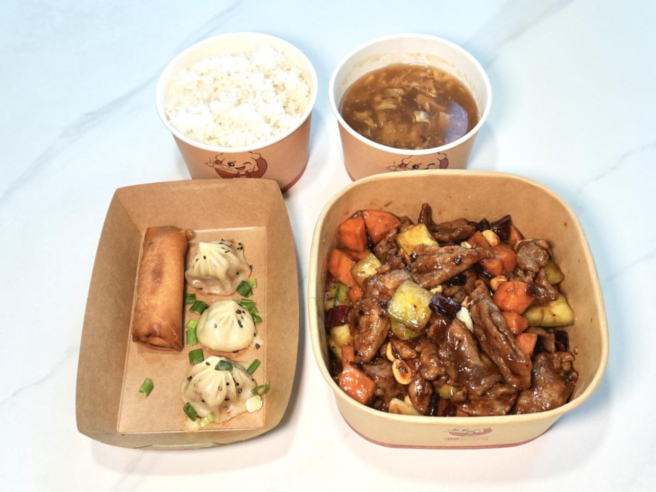 Kung Pao Beef + Thumb Size Pan Fried Bun (3 Pcs) + Hot & Sour Soup (Egg Drop Soup) + White Rice (Fri