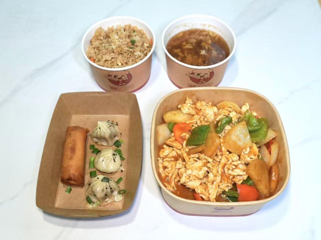 Curry Chicken + Thumb Size Pan Fried Bun (3 Pcs) + Hot & Sour Soup (Egg Drop Soup) + White Rice (Fri