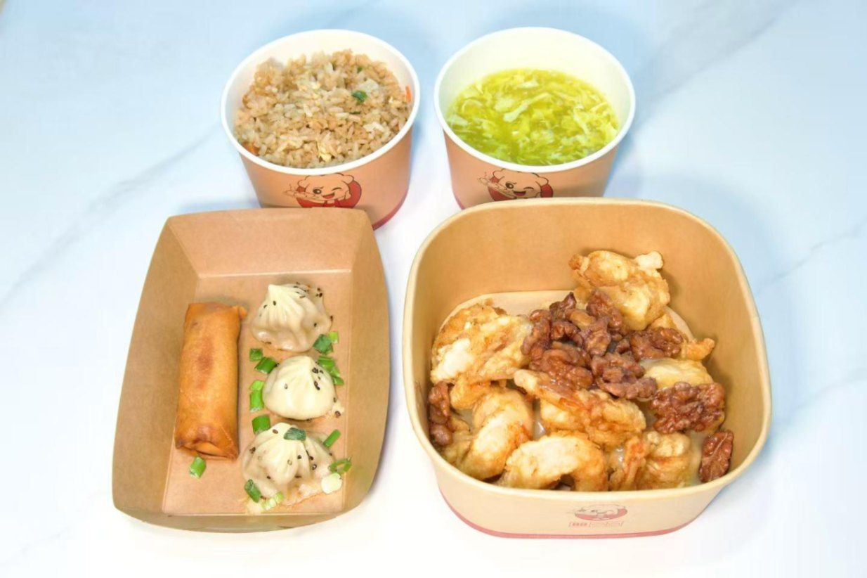 Honey Walnut Shrimp + Thumb Size Pan Fried Bun (3 Pcs) + Hot & Sour Soup (Egg Drop Soup) + White Ric