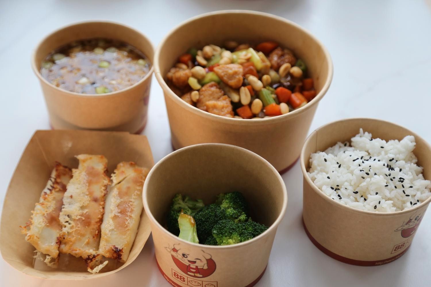 Kung Pao Chicken 🌶️ + Chicken Pan Fried Dumpling 5 Pieces + Bok Choy+ Hot And Sour Soup