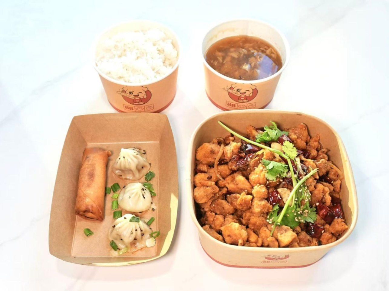 Spicy Chicken + Thumb Size Pan Fried Bun (3 Pcs) + Hot & Sour Soup (Egg Drop Soup) + White Rice (Fri
