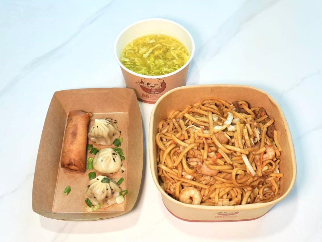 Mixed Fried Noodles(Chicken+Beef+Shrimp) + Pan-Fried Thumb (3 Pieces) + Hot And Sour Soup (Egg Drop 