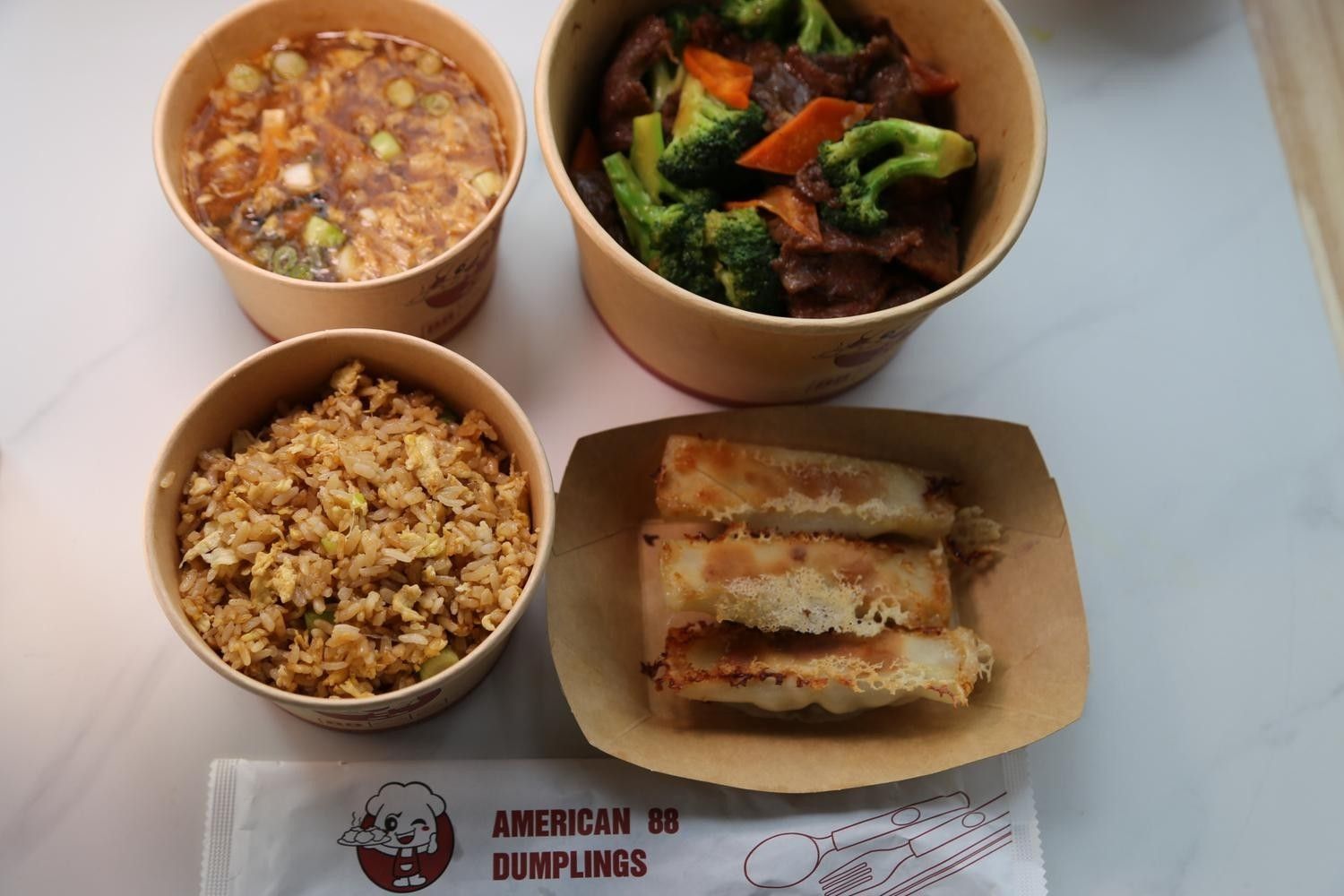 Sautéed Beef With Broccoli + Thumb Size Pan Fried Bun (5P)Pork + Spring Roll + (Hot And Sour Soup/Eg