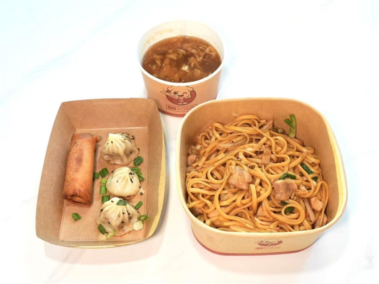 Chicken Fried Noodles + Thumb Size Pan Fried Bun (3 Pcs) + Hot & Sour Soup (Egg Drop Soup) + Vegetab